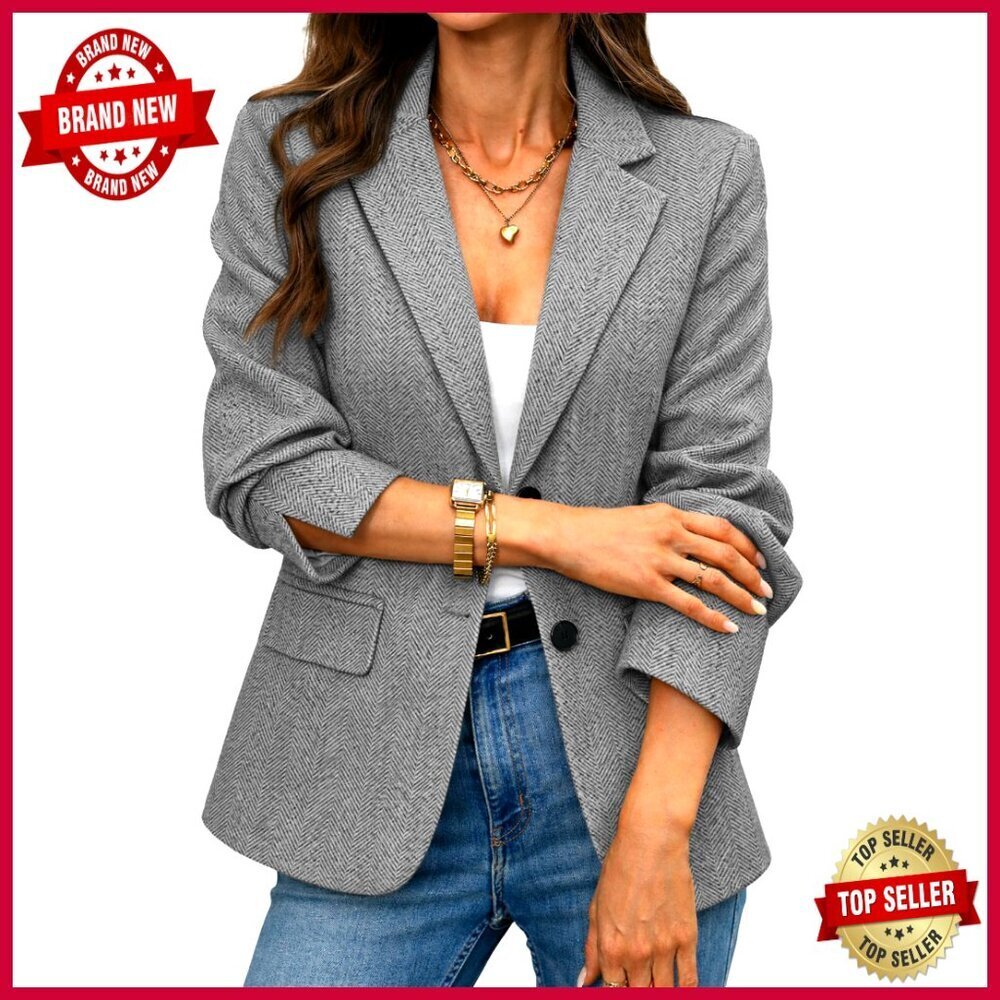 Slim Fit Herringbone Tweed Blazer with Flap Pockets, Long Sleeve